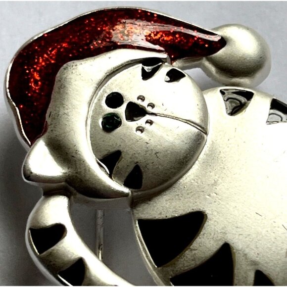 Christmas Cat In Santa Hat Dangling Legs Silver Red & Black Vintage - Picture 11 of 12